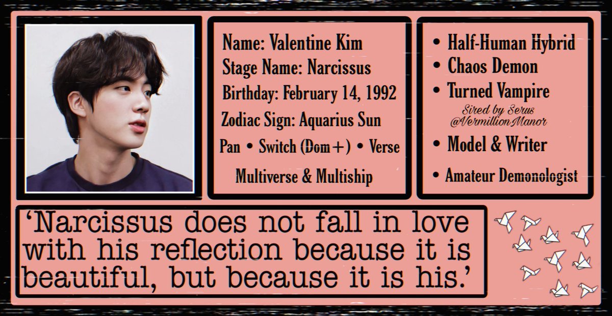 ㅤ⊶  N A R C I S S U S  ⊷
   ⋄⋄⋄⋄⋄⋄⋄⋄⋄⋄⋄⋄⋄⋄⋄⋄⋄⋄⋄⋄⋄⋄⋄⋄⋄
ㅤㅤ
ㅤThe paradox of beauty
ㅤㅤ      will always be chaos

 sinfulnarcissus.carrd.co
ㅤㅤ
ㅤㅤㅤㅤㅤ↻ &amp; ♡