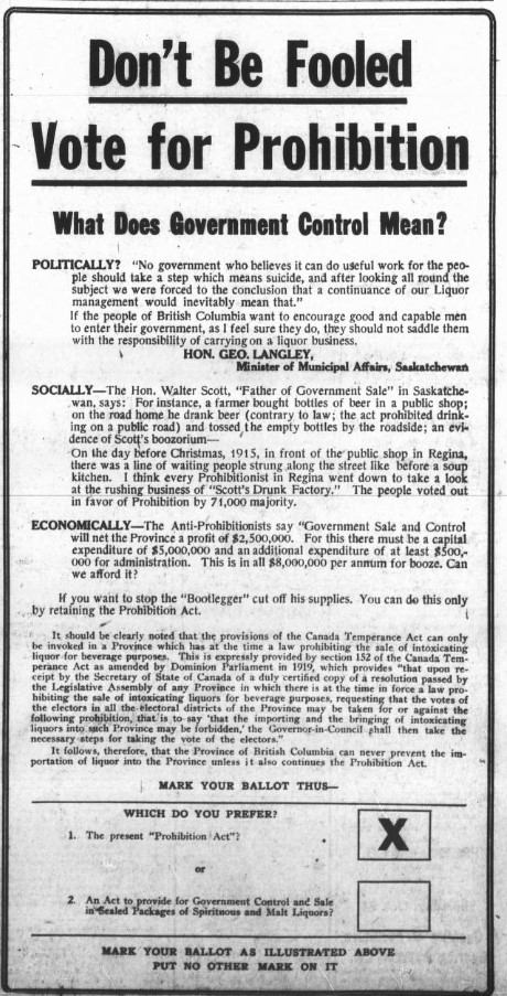 DramArchivist's tweet photo. In Oct 1920 a plebiscite was held in BC on whether to retain the “Prohibition Act” (in force since Oct 1917) or replace it with “An Act to provide for Government Control and Sale in Sealed Packages of Spiritous and Malt Liquors” - prohibition lost 55,448 to 92,095. #liquorlawsbc https://t.co/SCjo5oeuAR