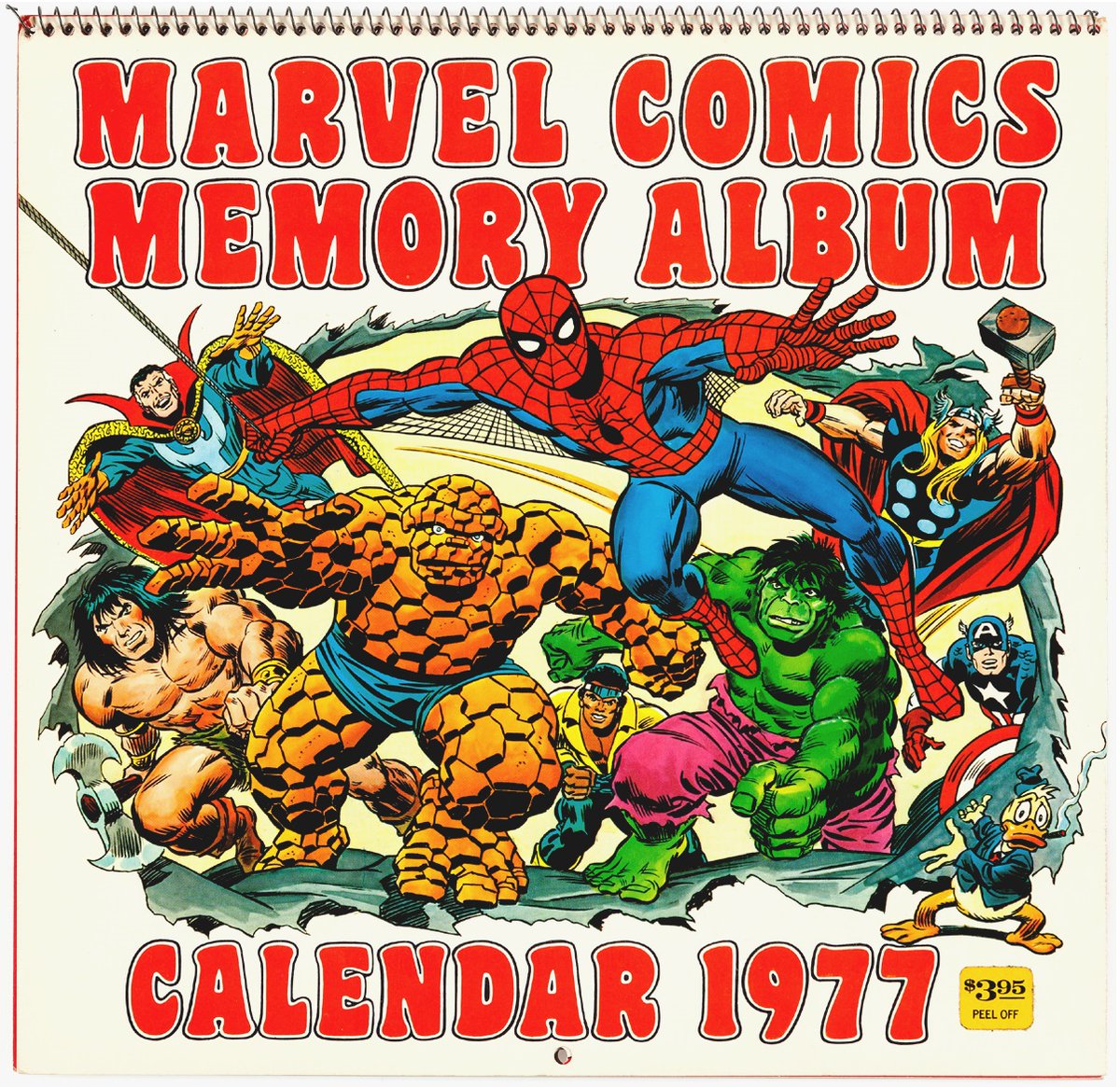 Marvel Comics Memory Album Calendar 1977, cover art by #JackKirby & #JohnRomitaSr. #SpiderMan #DoctorStrange #ConanTheBarbarian #LukeCage #HowardTheDuck #Thor #TheThing #TheIncredibleHulk #CaptainAmerica #MarvelComics https://t.co/ENGDehK0XU