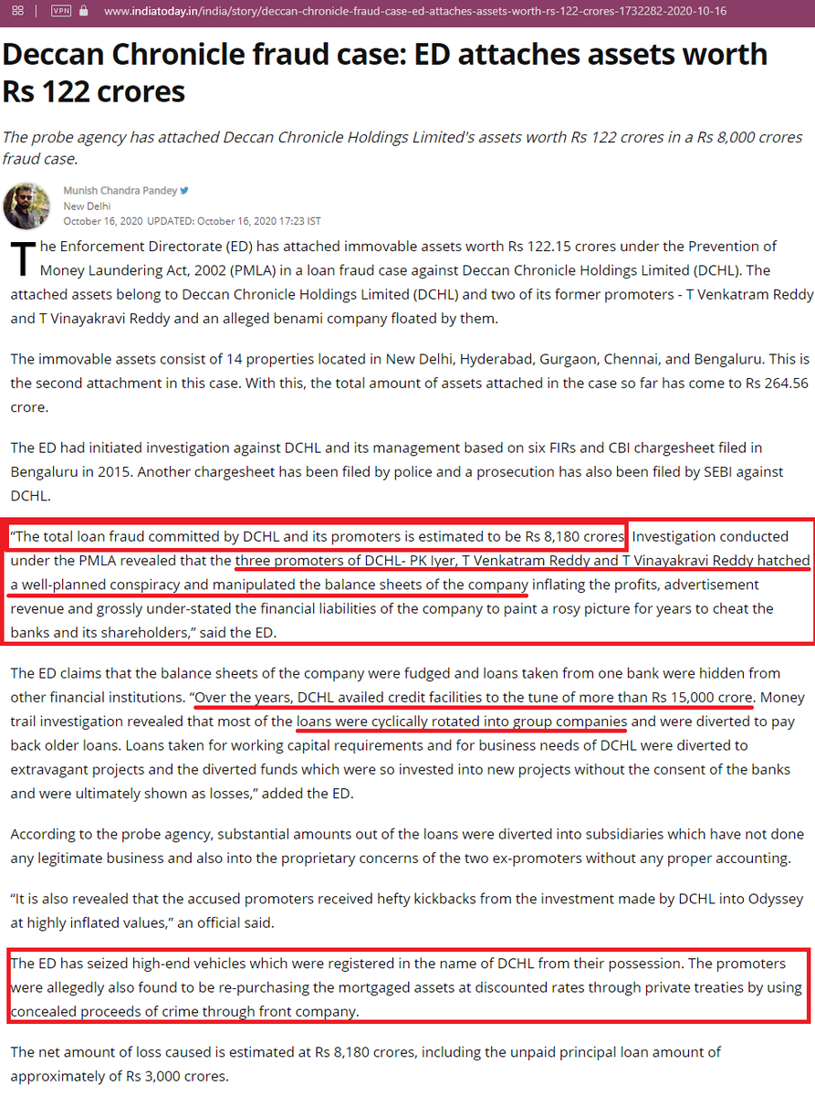 VoteForCycle_in's tweet photo. In October 2020, #DeccanChronicle was raided by ED again.
Mr. Reddy's cars were attached along with other assets worth Rs. 122 Cr. in Rs 8180+ Crores #SCAM that was managed well in #Hyderabad & #Delhi
In 2021, we have this #Presstitute defaming #DHCL before ED can create #news. https://t.co/SieyDMMzMB
