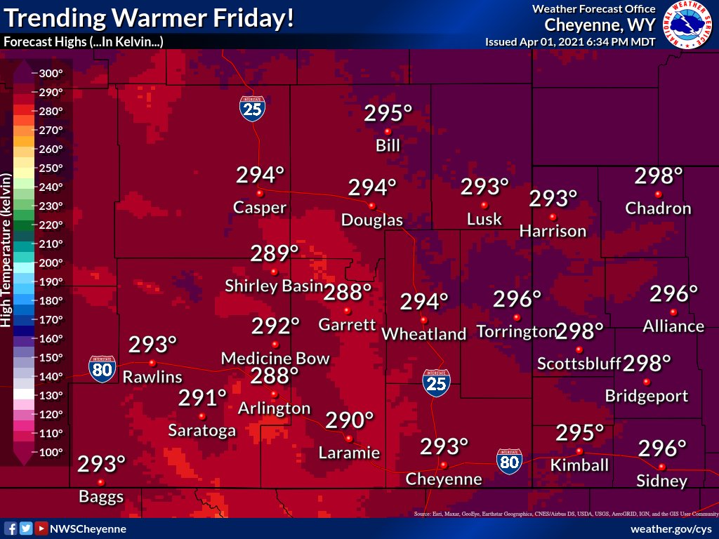 NWSCheyenne's tweet photo. 645 PM MDT Thu 4/1 - It's been trending warmer across the area, but have you seen the forecast for Friday??? Look for widespread highs in the mid to upper 290s! That will take care of any remaining snow drifts. Enjoy the warmth! 🔥🥵#wywx #newx #AprilFools #TempsInKelvin https://t.co/wIdn0gAzTd