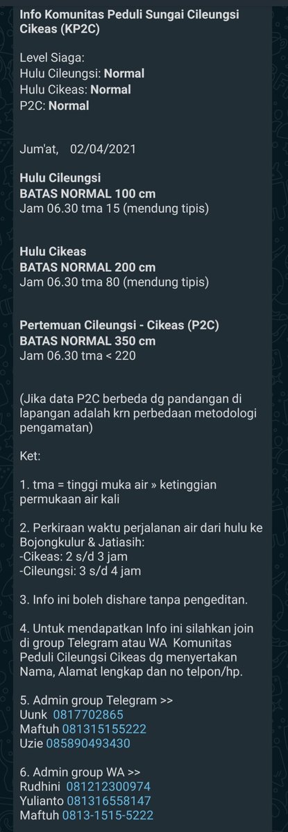 #InfoKP2C #TMA #Jumat2April2021 Cileungsi, Cikeas &amp; P2C Normal. Cileungsi Cikeas mendung tipis #update <a href="/infoJATIASIH/">Jatiasih™</a> <a href="/kec_jatiasih/">KECAMATAN JATIASIH | #AyoPakaiMasker</a> <a href="/pemkotbekasi/">Pemerintah Kota Bekasi</a> <a href="/bogorkab/">Pemerintah kabupaten Bogor | #75TahunJabar</a> <a href="/BPBDJabar/">BPBD Provinsi Jawa Barat</a> @BpbdBekasikota <a href="/bpbdbogorkab/">bpbdbogorkab</a> <a href="/pastigana/">Pastigana BNPB</a> #SiapUntukSelamat #BudayaSadarBencana #StaySafe #PakaiMasker #JagaJarak