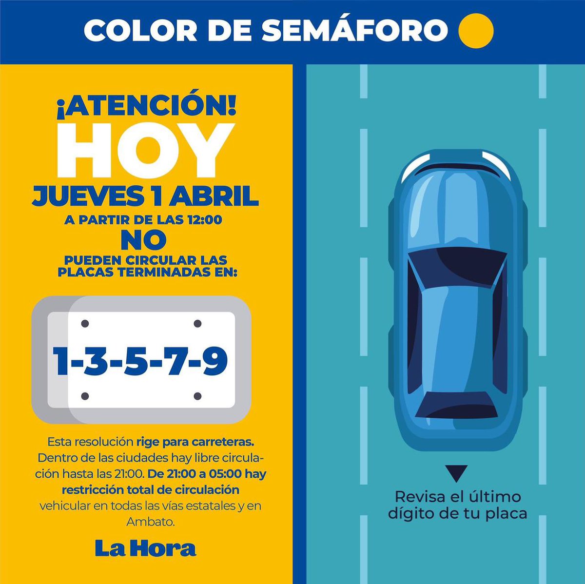 #ATENCIÓN 🚨

Hoy, jueves 1 de abril, a partir de las 12:00 no podrán circular los vehículos que su placa terminen en número impar. Esta prohibición es solo en carreteras estatales. 🚫 🚗

#Ambato #CiudadJardínPlus
#Tungurahua #Ecuador