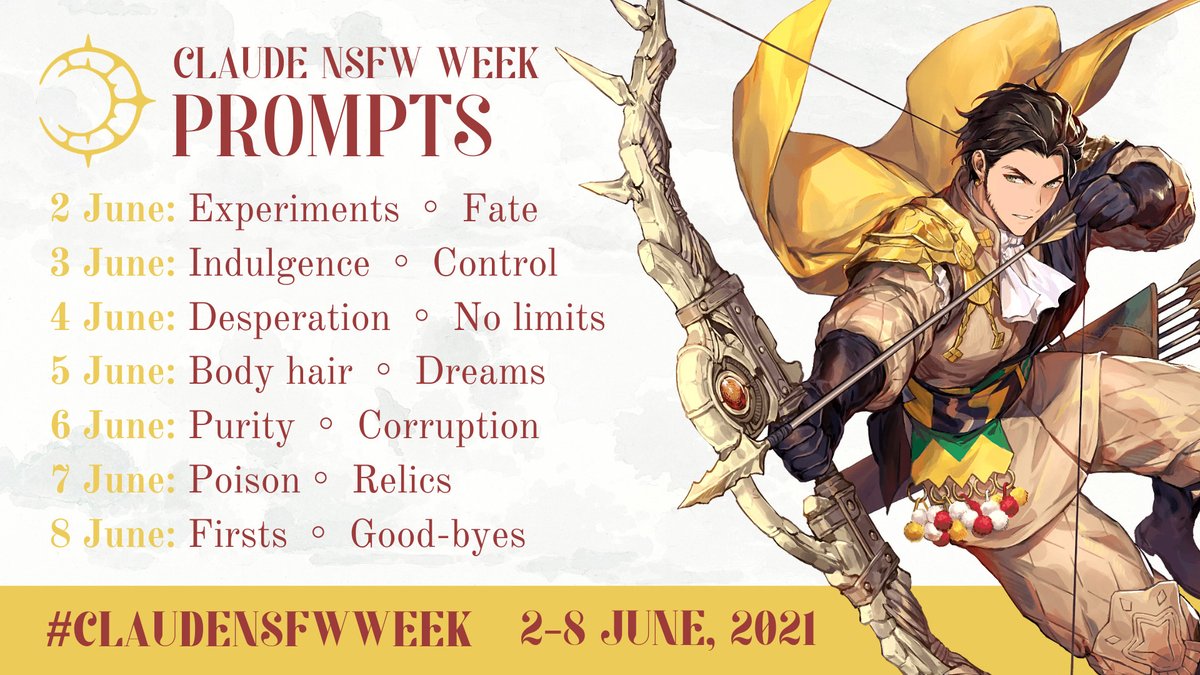 claudensfwweek's tweet photo. Come one, come all! (Copiously, we hope!)

Here are the prompts and guidelines for Claude NSFW Week, coming 2-8 June, 2021. See you then.... #claudensfwweek 

Info and guidelines: https://t.co/aBmln320DF

AO3 Collection: https://t.co/Sn2lNStJTp https://t.co/xFzftKhrDH