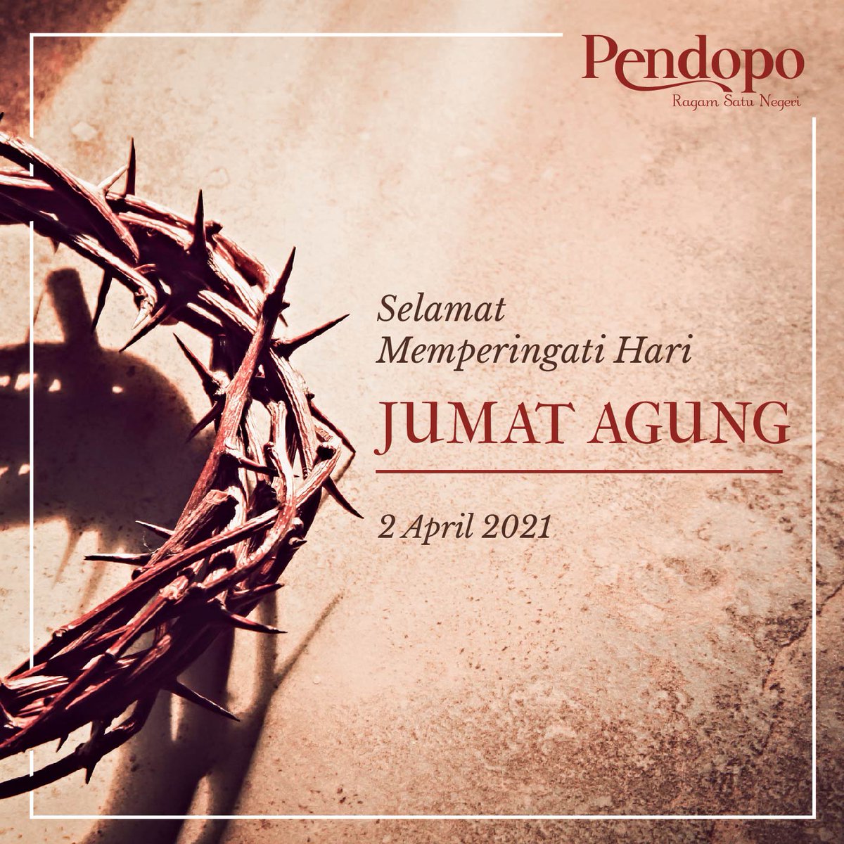 Selamat memperingati hari Jumat Agung. Semoga kasih dan pengorbanan-Nya senantiasa memberikan kedamaian di hati kita semua.

#GoodFriday #JumatAgung #Pendopo #PendopoIndonesia