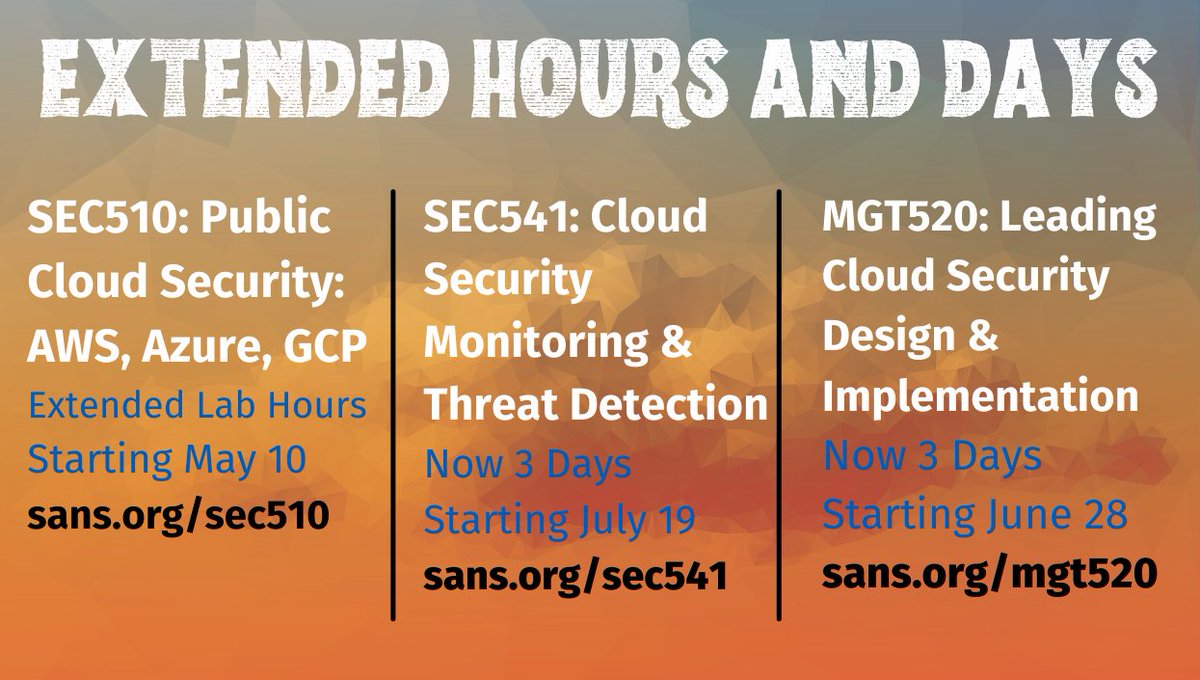We keep growing to give you more of what you need on your #cloudsecurity journey to becoming a #SANSCloudAce. 

Learn more at sans.org/cloud-security

<a href="/BrandonMaxEvans/">Brandon Evans</a> @emjohn20 <a href="/TheCybergoof/">Shaun McCullough</a> @ryananicholson <a href="/jasonlam_sec/">Jason Lam</a>