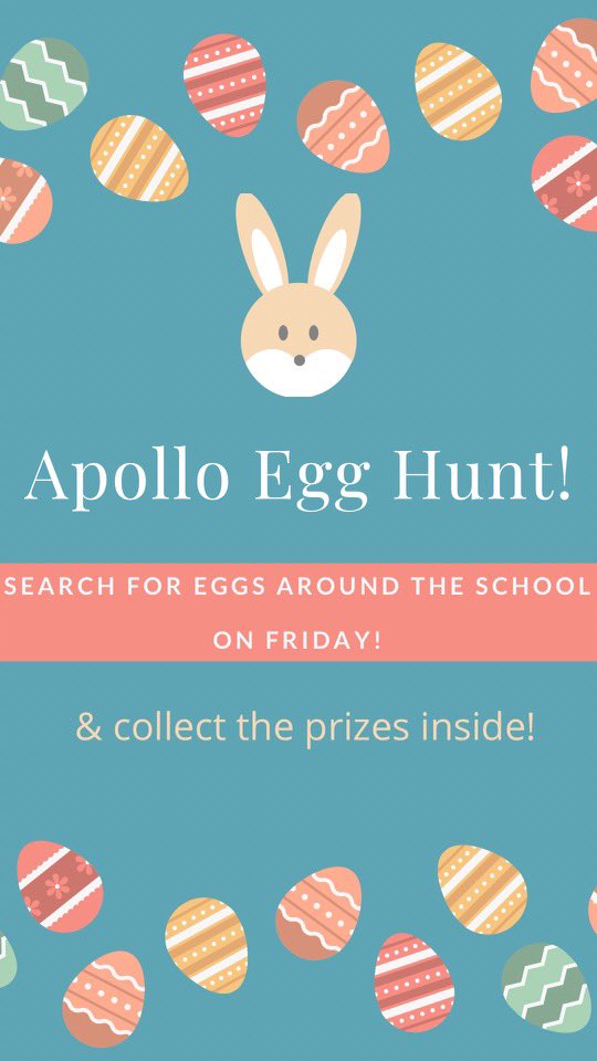 Hey Eagle Nation! Tomorrow is the Apollo Egg Hunt!! Make sure you look around the school for some prizes in the eggs throughout the day!! Happy early Easter everyone!!