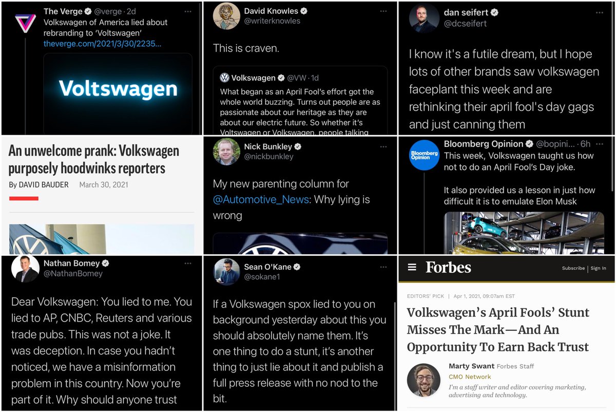 VW: “We’re changing our name from Volkswagen to VOLTswagen. Haha April Fools!” Normal people: That’s lame. Journos: THEY LIED TO US. THIS IS CRAVEN. THIS IS LYING, AND LYING IS WRONG. WHAT A FACE PLANT. THEY LOST OUR TRUST. PURPOSELY HOODWINKED! WE SHOULD NAME NAMES!