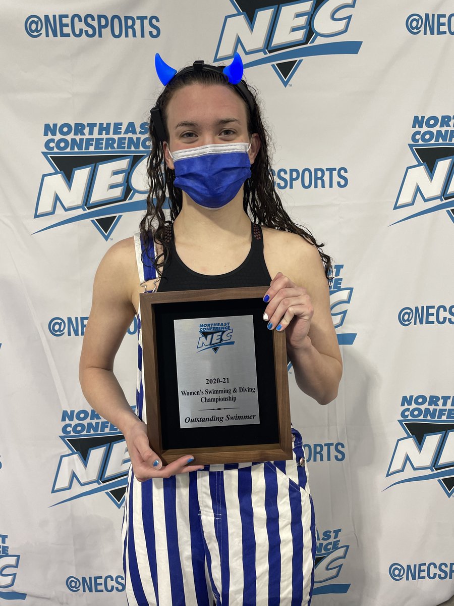 necswimdive's tweet photo. A crown for a "King"... Your 2020-2021 Outstanding Swimmer is @CCSUBlueDevils' Jeannette King👑 

#NECSwimDive #NECChampionship https://t.co/IFZ4UL9fPC