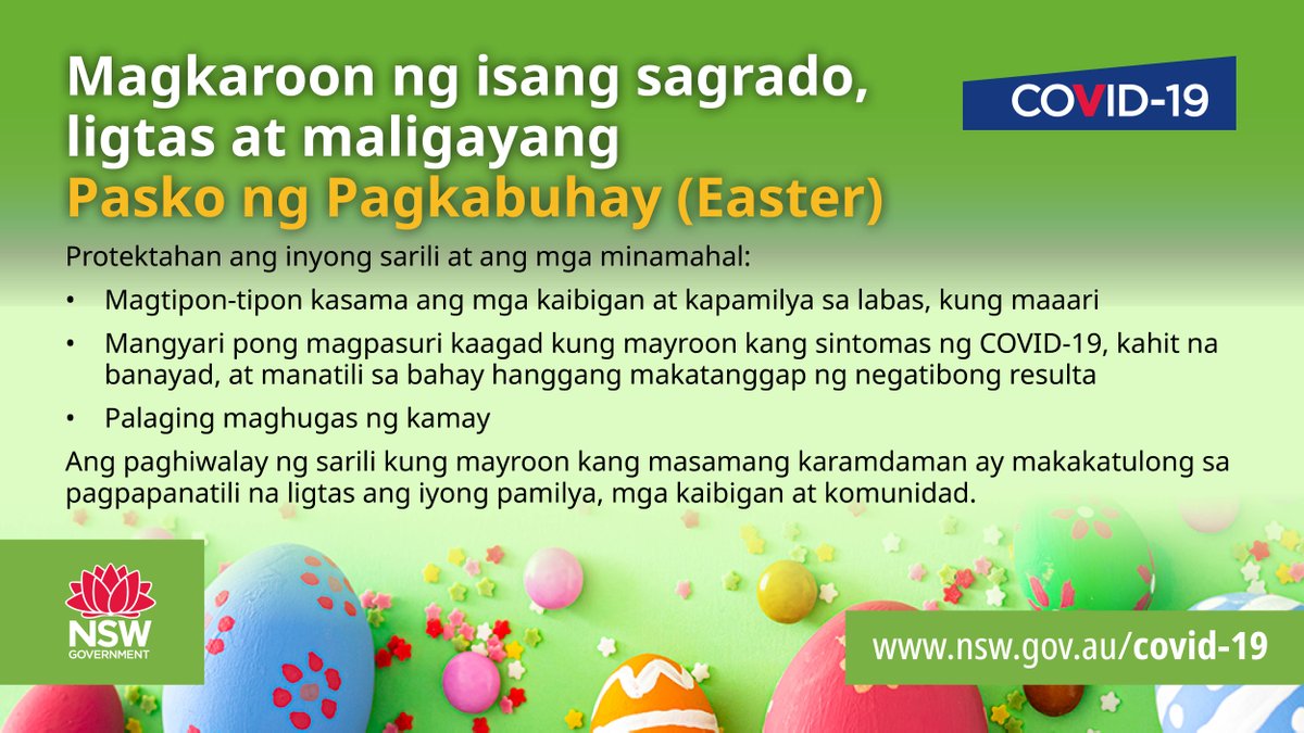 mhcsnsw's tweet photo. Have a blessed, safe and happy #Easter!
COVID-safe Easter greetings in #Filipino, #ChineseSimplified, and #Vietnamese.
#Multicultural resources:
https://t.co/o7j9KMZ4OB
https://t.co/ktYF2t9j3V
@NSWHealth #CALD #GetTested #Tagalog #简体中文 #TiếngViệtNam #HappyEaster https://t.co/uxrpnvDVNu
