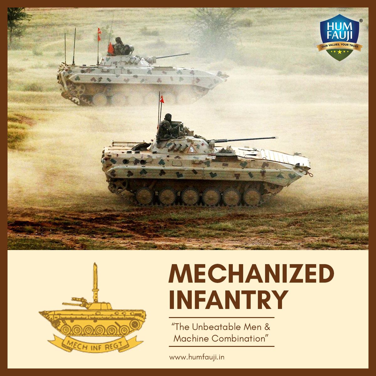 #TeamHumFauji wishes and celebrates the 42nd Raising Day of Mechanised Infantry. It is an infantry regiment of the Indian Army, comprising 27 battalions dispersed under various armoured formations throughout India

#MechanisedInfantry #IndianArmy #HumFaujiInitiatives
