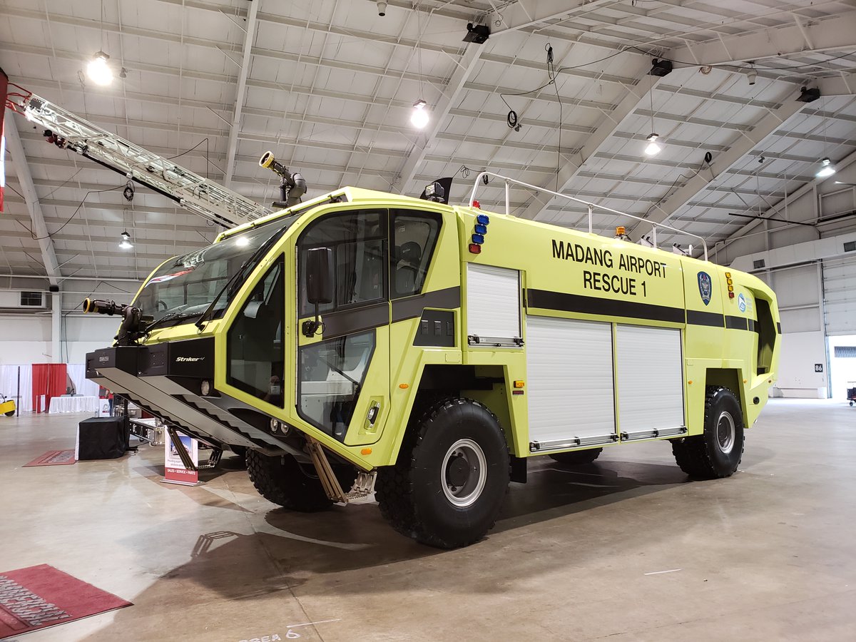 Fire service pic of the day: Oshkosh Striker <a href="/AirportProducts/">Oshkosh ARFF</a> at the <a href="/ONFireChiefs/">Ontario Association of Fire Chiefs (OAFC)</a> trade show in 2018 headed to Madang Airport in New Guinea.