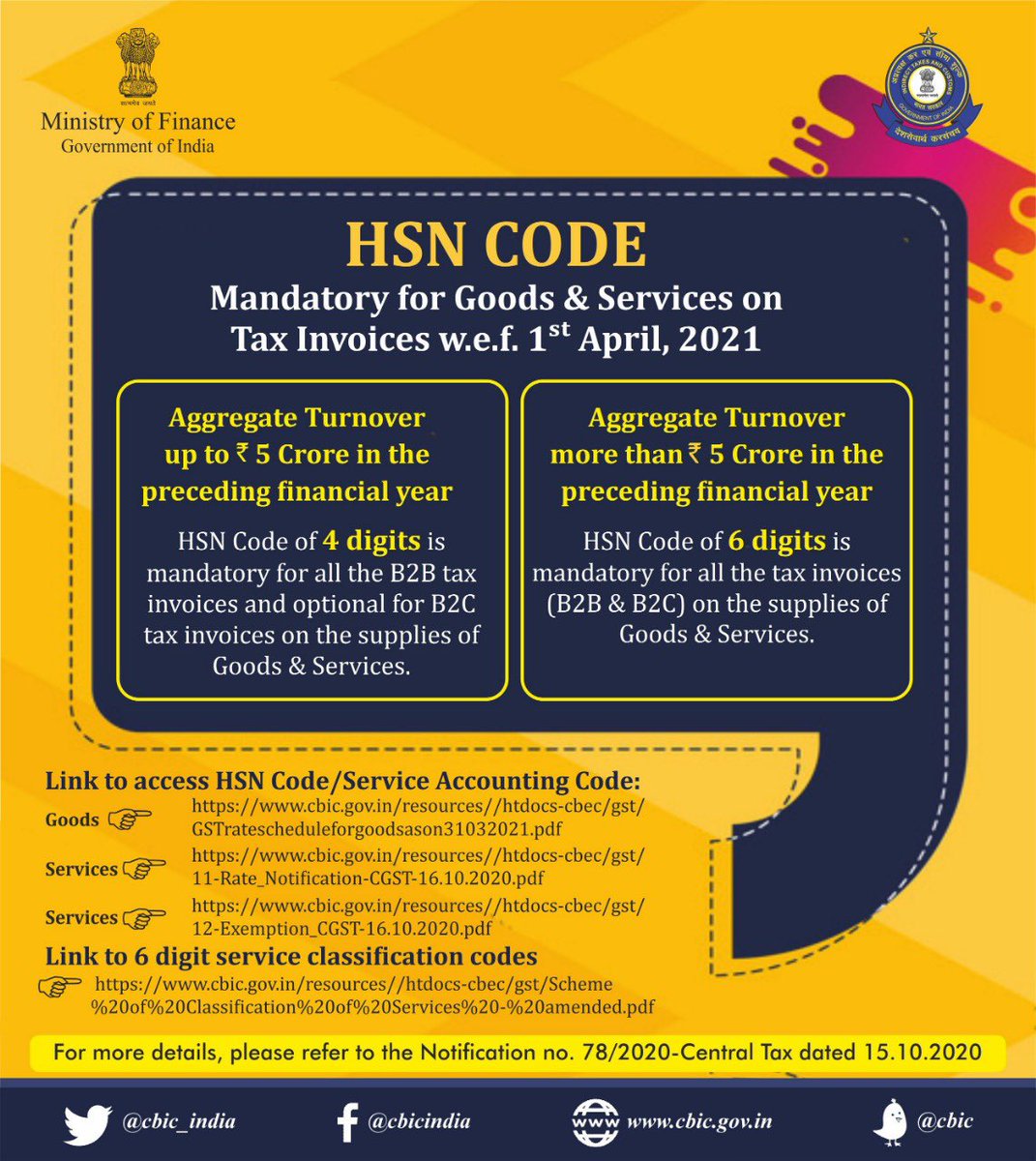 CBIC on X: “Requirement of HSN/Service Accounting Code for Goods