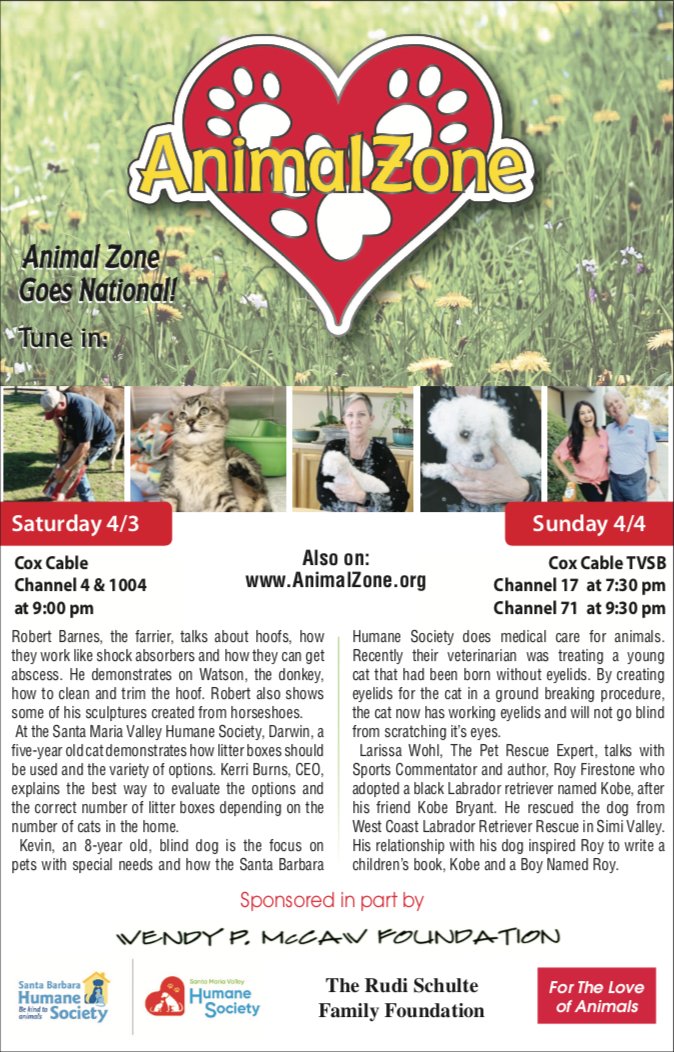 Nipperino's tweet photo. Make #AnimalZone part of your family tradition! Join us this Saturday for Season 5: Episode 9 on Cox Cable at 9 p.m. (available nationwide) or locally on TV Santa Barbara (TVSB) this Sunday on Channel 17 at 7:30 p.m. or Channel 71 on Sunday at 9:30 p.m. #arthurvonwiesenberg https://t.co/EGl0XTcWIO
