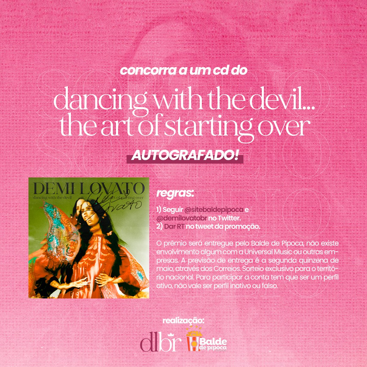 🚨 Para celebrar o lançamento do álbum #DWTDTAOSO, vamos sortear um CD autografado. Isso mesmo, AUTOGRAFADO por Demi Lovato. 

Para participar, siga <a href="/demilovatobr/">Demi Lovato Brasil</a> e <a href="/sitebaldepipoca/">Balde de Pipoca</a> e dê RT neste tweet. O resultado será divulgado dia 12/04, a partir das 18h. Regras no banner.