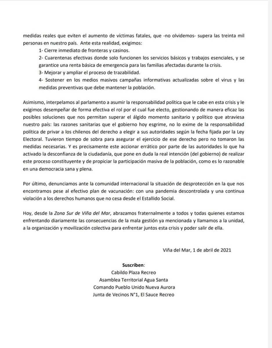 PlazaRecreo's tweet photo. Como parte de la agrupación de cabildos y asambleas territoriales Zona Sur Viña, manifestamos...
@ValparaisoMVC
@social_mesa
@cordon7cerrosv1
@CabildoVina
@14asientos
@territoriocons
@asambleaGFranke
@poderparqueram1
@Padrino50leyes
@vinadenuncia
@alejandramatus
@elmartutino https://t.co/zzV7zhSjLl