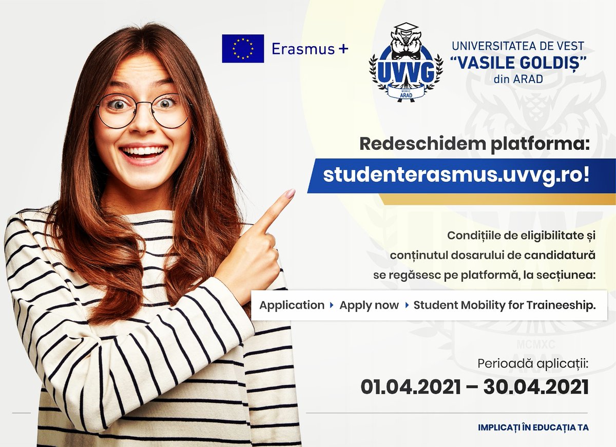 uvvgarad's tweet photo. În vederea ocupării locurilor rămase pentru mobilitățile de practică, redeschidem platforma https://t.co/6Te91SJ9mQ!

Perioada pentru aplicații este 1-30 Aprilie 2021!

#UVVG #Erasmus  #ImplicatiInEducatiaTA #ErasmusUVVG #StudentUVVG https://t.co/KgzeA7ecw1