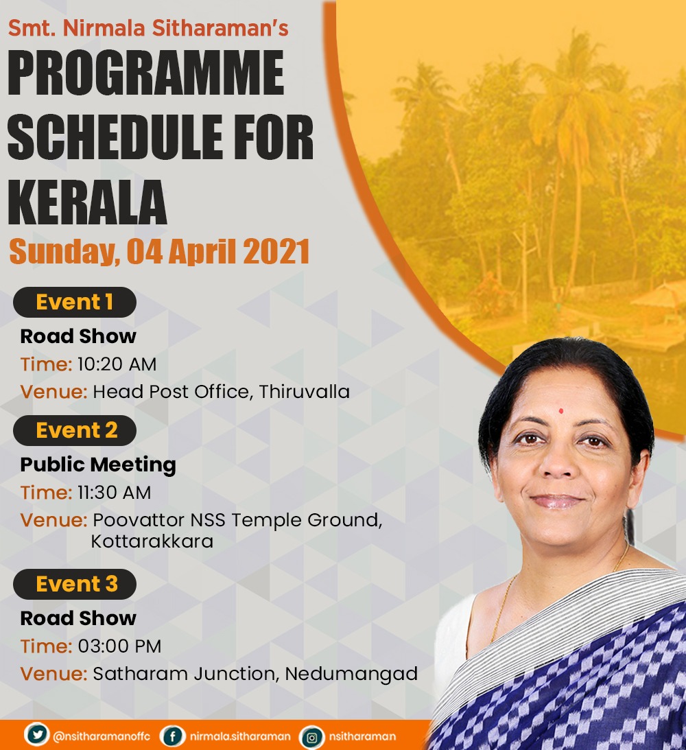 nsitharamanoffc's tweet photo. Programme details for Smt @nsitharaman's two-day visit (3rd April and 4th April 2021) to Kerala. https://t.co/YIbx2zqFpO