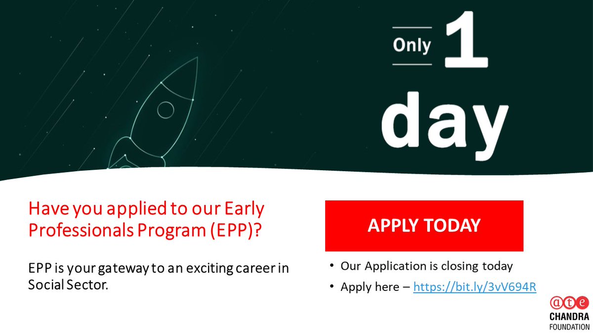 ATEChandrafdn's tweet image. One Day to go: 

Does Social Sector excite you? If yes, here is a paid program for you - Apply to our Early Professionals Programme? 

Apply here - bit.ly/3vV694R
Deadline - 2 April 2021

#CareerInDevelopment 
#EarlyProfessionals 
#IndianYouth 
#YoungIndia