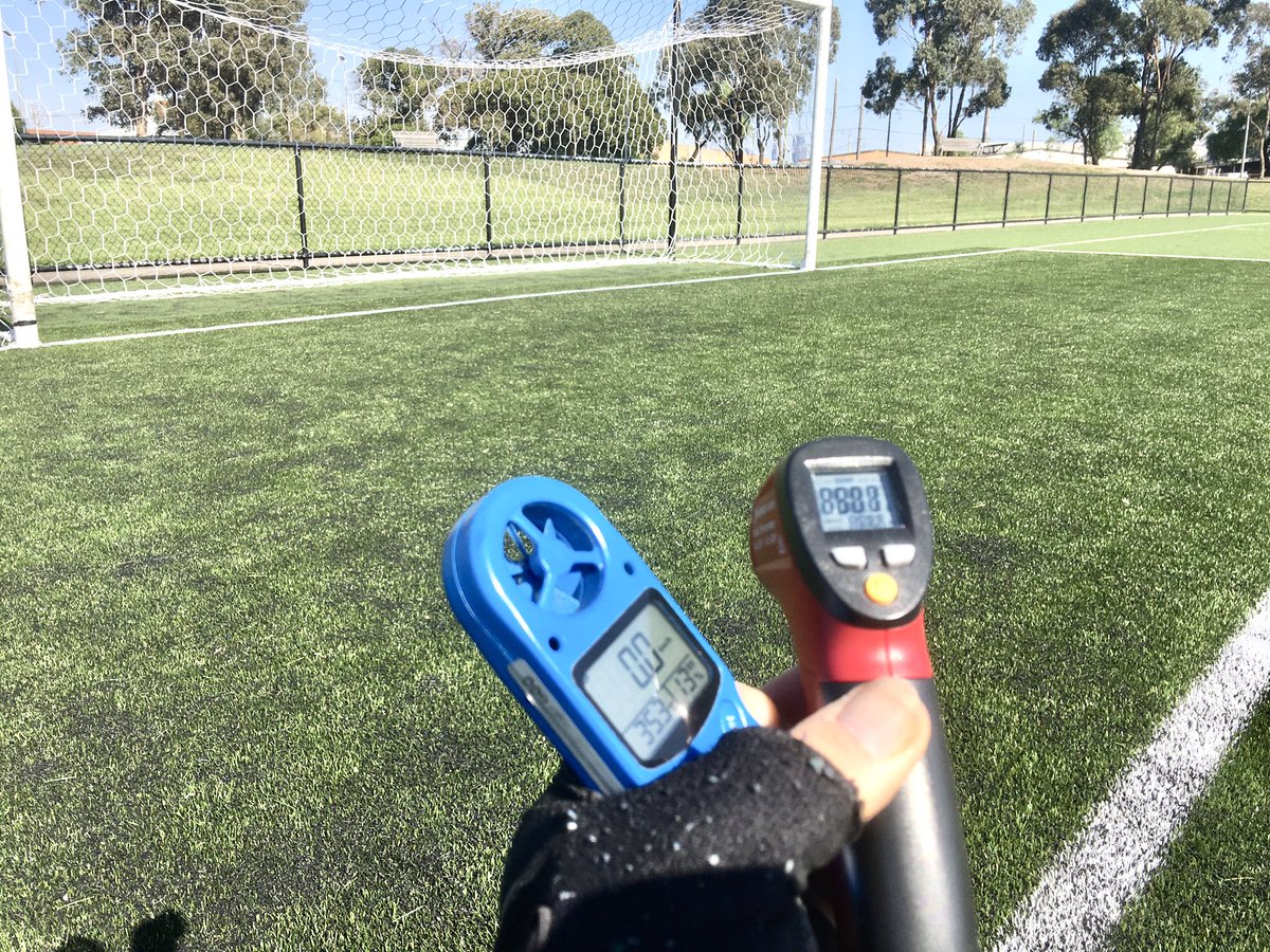 takvera's tweet photo. Taking the temperature:
Hosken oval grass 31.1C
Ambient Air 34.1C
Clifton Park
Main Syntheticturf 53.5C
Synthetic turf Goal Sq 57.9C
Natural grass 36.4C
Ambient Air at 1.5m: 34.1C
BOM 30.8C Essendon AP 3.36pm 2 April 2021
#citizenscience #syntheticturf #grassnotplastic https://t.co/EbO4n7lQgm