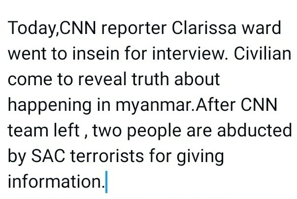 monepyaeaung's tweet photo. Civilians was abducted by SAC terrorists for telling the truth to CNN reporter.
@clarissaward 
@ZawWaiSoe4 
@RapporteurUn 
@KenRoth 
@TostevinM 
@eAsiaMediaHub 
@SchranerBurgen1 
@SZarifi 
@cnnbrk 
@CNNPolitics 
@CNN 
@cnni 
@CNNSpecReport 
@poppymcp https://t.co/KpC5yRztXN