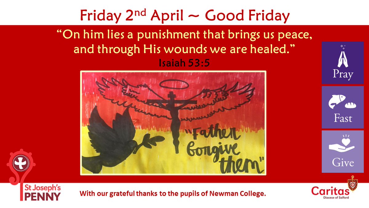 CaritasSalford's tweet photo. "On him lies a punishment that brings us peace, and through his wounds we are healed." Isaiah 53:5 @SalfordDiocese #LockdownLent @NewmanRCCollege @RCSalfordEd https://t.co/QzM2njdCzW