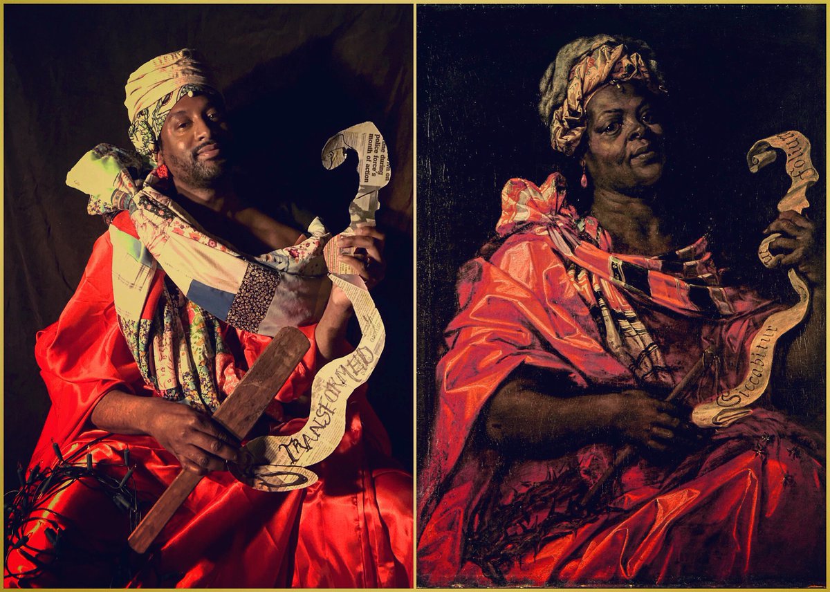PeterBrathwaite's tweet photo. Jan van den Hoeke: The Sibyl Agrippina (c1630). An African woman in the guise of the Sibyl Agrippina. Reworked with grandpap’s cou cou stick, granny’s patchwork and fairy lights. Rediscovering #BlackPortraiture through #gettymuseumchallenge.

[Thread] https://t.co/ojZ7VXErgm