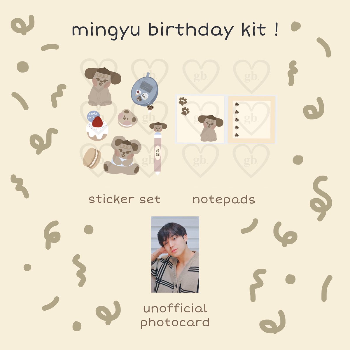 gyusbear's tweet photo. ☆ MINGYU 🐻🐶 birthday kit !
     collab with @bpy_lab 🛒

🐾 (1) sticker set
🐾 (2) notepads
🐾 (1) unofficial photocard

♡ price: 150 php all in + sf
♡ doo: april 14
♡ dop: april 15

dm to order ! https://t.co/aavP7F4kuN