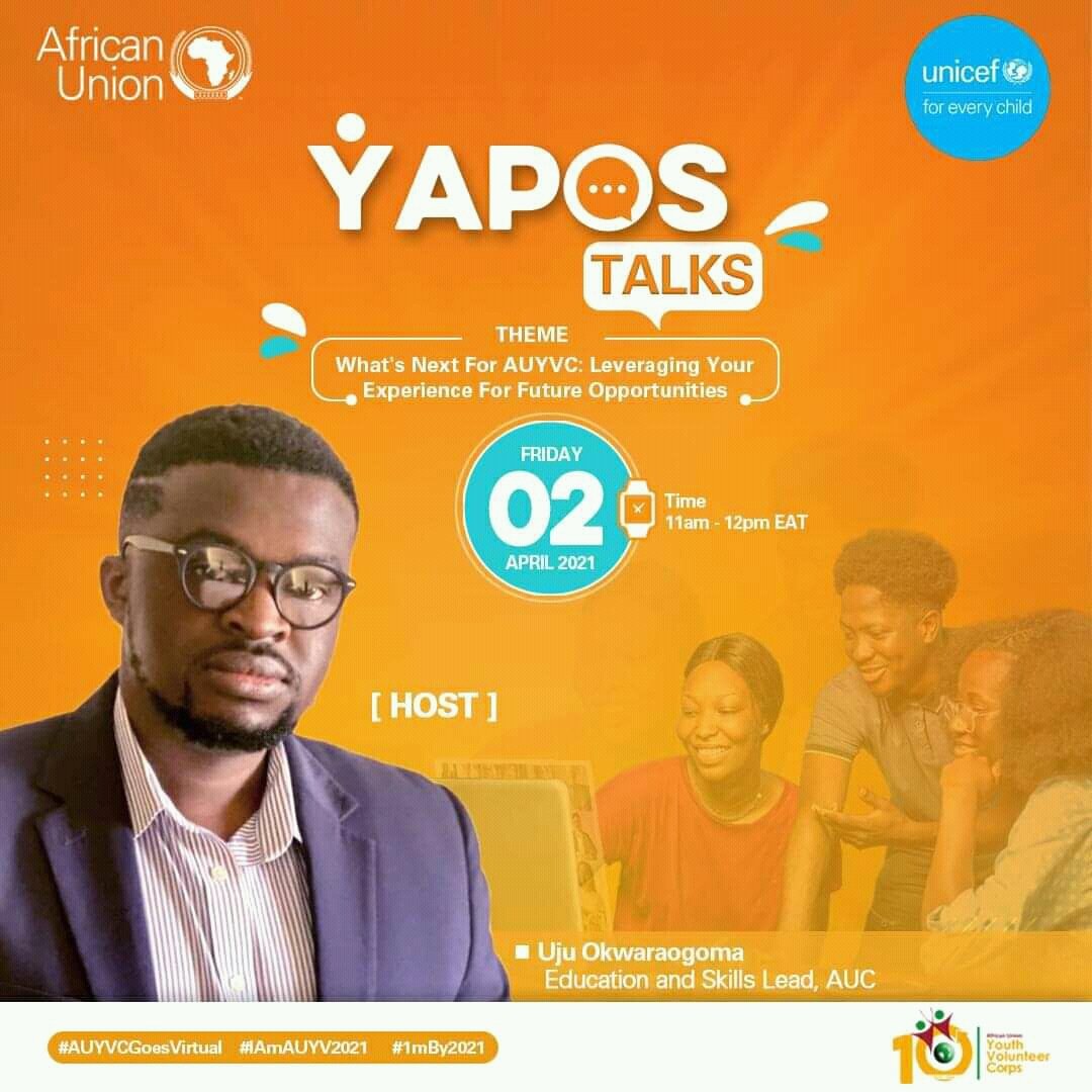 AUYouthProgram's tweet image. Uju Silver has built experience working with CSOs, @_AfricanUnion &amp;amp; @UN.In his current role with the @AUYouthProgram,he provides advisory &amp;amp; project implementation support on driving innovation &amp;amp; digital transformation amongst young people in Africa. #YTalks2021 #AUYVCGoesVirtual