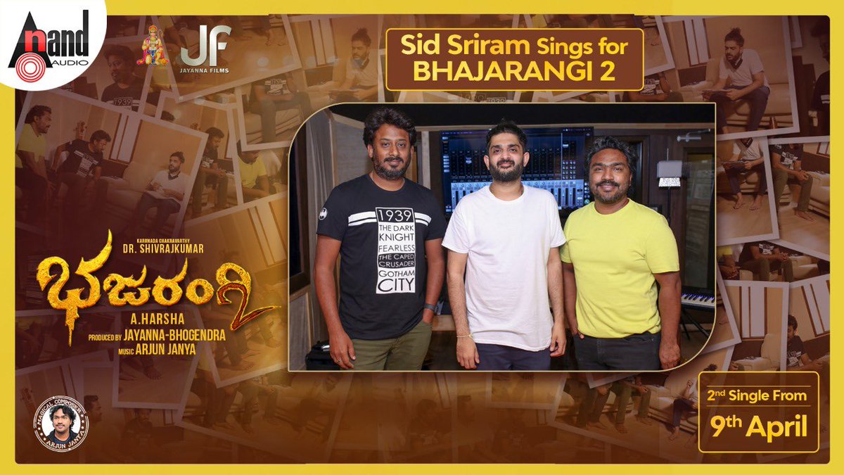 NimmaAHarsha's tweet photo. The 2nd Single From #Bhajarangi2 Releasing on 9th April @ 4.11PM
Feel the music 👉
https://t.co/m9iuENb8qH
 
#Bhajarangi2 #NimmaShivanna #NimmaAHarsha #JayannaFilms #ArjunJanya #SidSriram #AnandAudio #letzkit https://t.co/Bv2jFD1VfR