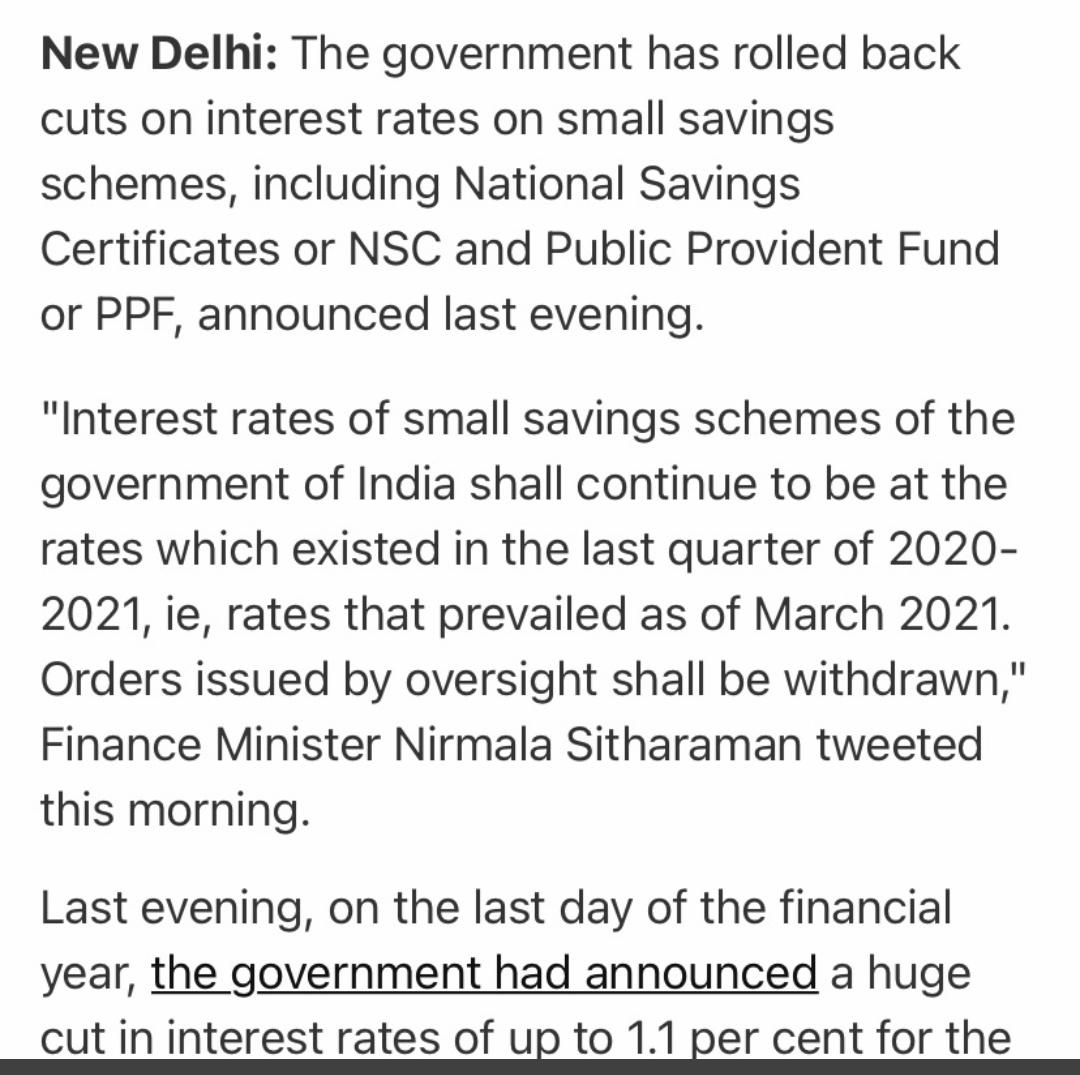 RagaKaplish's tweet photo. Now interests rate are being rolled back Reason overnight - orders were issued by govt oversight Real reason - Bengal, Assam election 😆😆.
Why this govt get so nonplussed every time lol!!! :-)
#SmallSavingsSchemes #NirmalaSitharaman https://t.co/ZPf2VGL6Nw https://t.co/LNrxyfaEvK