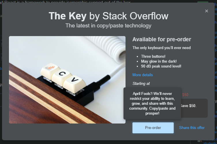 shivams136's tweet photo. Who says tech guys can't be funny? This is the great grandfather of all pranks. 😅

Half of the developers skipped a heartbeat and some are still in the coma who couldn't click the "Pre-order" button.
🤣🤣

@StackOverflow  #AprilFoolsDay #prank #stackoverflow https://t.co/RJw3yoNu7Q