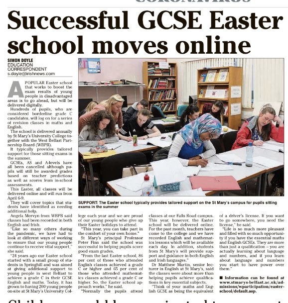 Great coverage of our GCSE Maths & English Easter School in today’s @irish_news ❗️starts next week Tuesday 6 - Friday 9 online. To access visit our Facebook page facebook.com/westbelfastpar… and smucb.ac.uk #partnership @FSCN14 @Education_NI 📚😀