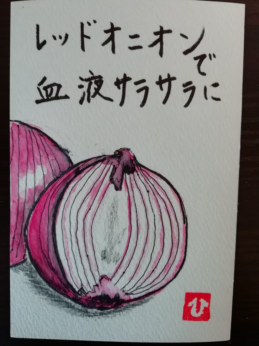 かめ 絵手紙 玉ねぎ レッドオニオン 北海道産のレッドオニオンという玉ねぎでオニオンサラダを頂きます