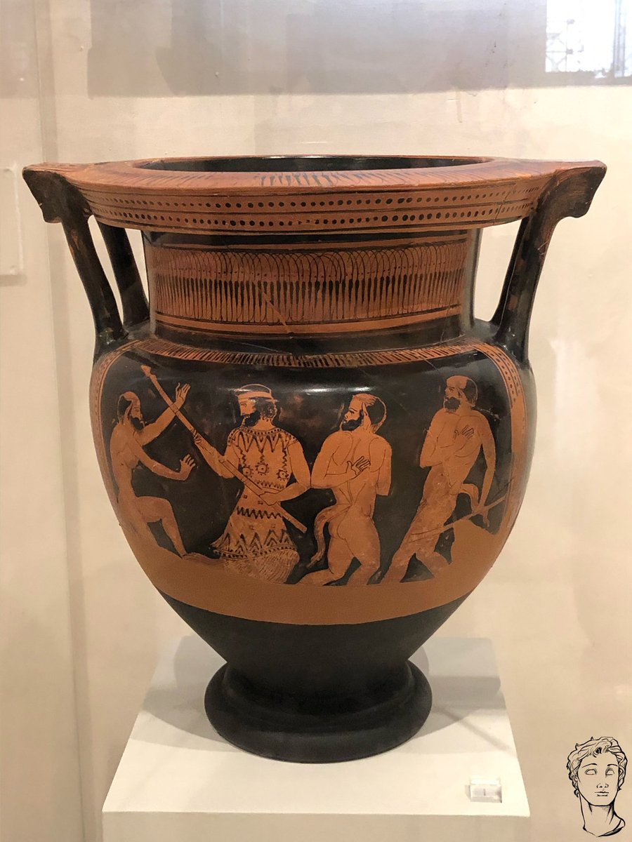 HellenisticHist's tweet photo. Red figure column krater was made around 430 BC by the Orpheus Painter. It shows the mythological hero Prometheus together with some Satyrs based on the satyrplay Prometheus Pyrkaios by Aeschylus. #greekpottery #redfigure #ancient #greece #history #archaeology https://t.co/vexpVEI2pX