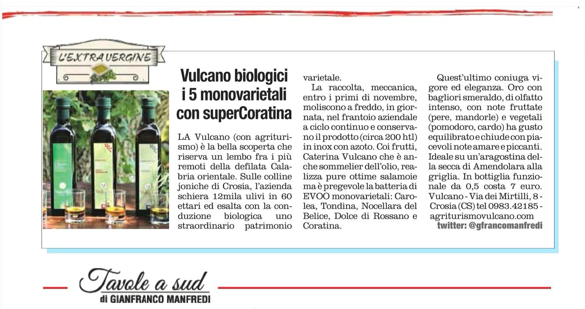 Sulle colline joniche di #Crosia in un lembo fra i più remoti della defilata #Calabria orientale che sarebbe piaciuto a #Buzzati opera #CaterinaVulcano 
#sommelierdellolio dà vita
nell'azienda di famiglia a una pregevole batteria di EVOO monovarietali

#Coratina
#bio
#AisCalabria