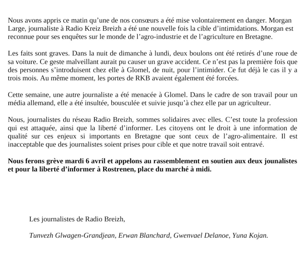 Kelaouinbzh's tweet photo. Les autorités attendent-elles un drame pour agir ? Les menaces contre Morgan Large et RKB se multiplient depuis le docu « Bretagne : une terre sacrifiée » sur les dégâts environnementaux de l'agriculture productiviste, rappellent les journalistes des radios en langue bretonne. https://t.co/DTdO8qH6qQ