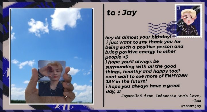 toastjay's tweet photo. @jaylandglobal @ENHYPEN @ENHYPEN_members My #JAYmail for today!
admins thank u for the opportunityy♡
#JAYoclock
#제이 #JAY #엔하이픈_제이 #ENHYPEN_JAY
@ENHYPEN @ENHYPEN_members https://t.co/bWpvjEPQzY
