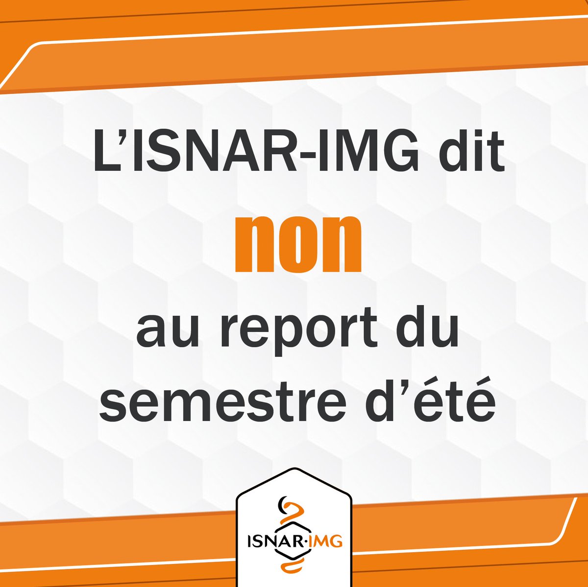 ❌ Report du semestre d'été - c'est non !

🙅‍♂️ Après consultation son réseau et leurs internes, l'ISNAR-IMG dira non à tout report du semestre d'été, tels que proposé par le ministère des Solidarités et de la Santé.

<a href="/Sante_Gouv/">Ministère de la Santé</a> <a href="/sup_recherche/">Ministère Enseignement supérieur/Recherche/Espace</a> <a href="/PhilippeMorlat/">Philippe Morlat</a> <a href="/ConfDoyensMed/">Conférence nationale des Doyens de médecine</a>