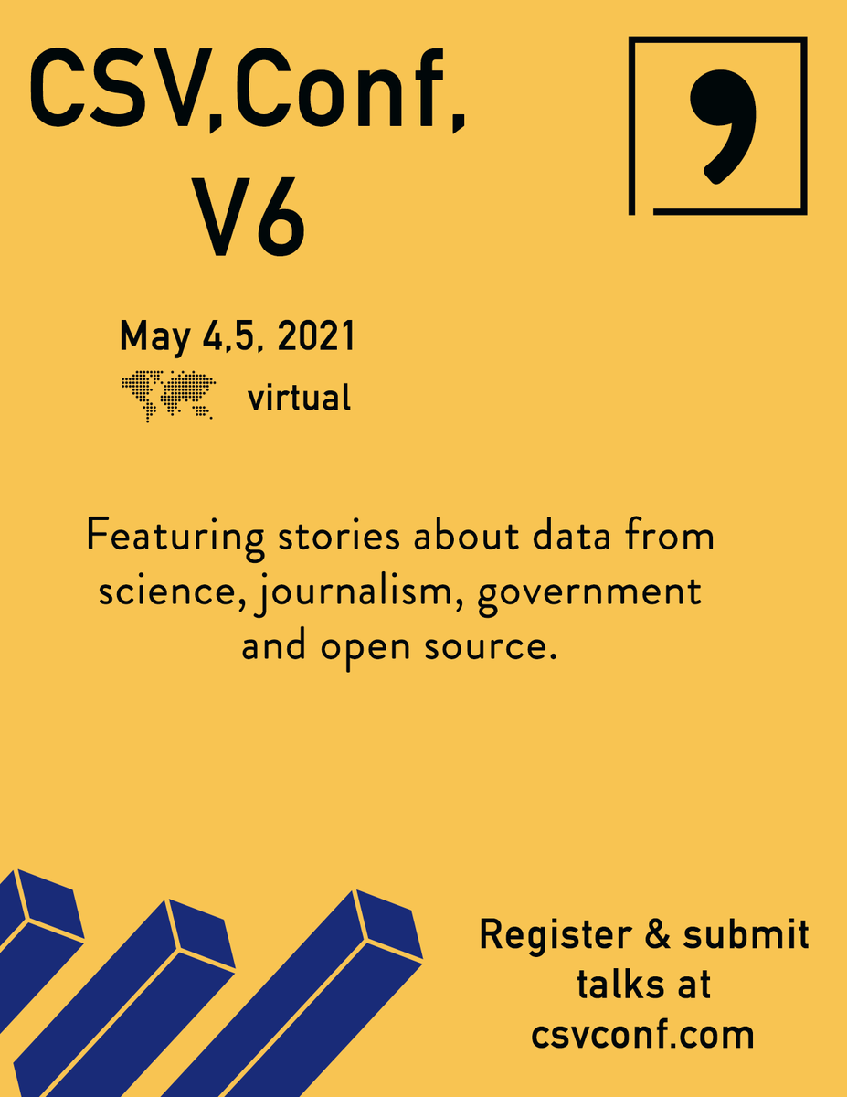 OKFN's tweet photo. Check out the full conference schedule for csv,conf,v6 at https://t.co/2649AoEQCy

Keynote addresses:
• @SimonW on @datasetteproj
• Dr @KadijaFerryman on race matters in health data
• @COVID19Tracking team

Register: https://t.co/WqIZ0yXn9M

#csvconf https://t.co/0Ae479RZIF