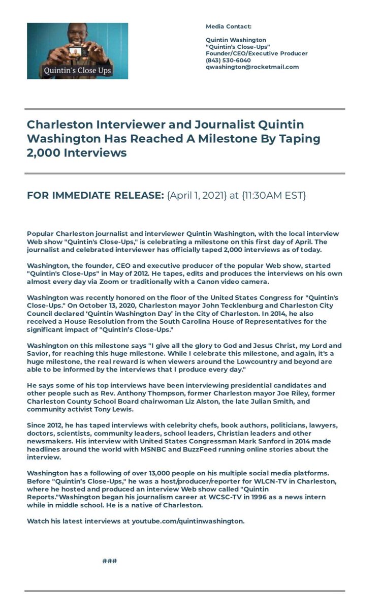 Charlestonion's tweet image. Congratulations @QuintinOnCamera on taping 2000 (yes, TWO-THOUSAND) interviews for Quintin On Camera! Huge milestone!