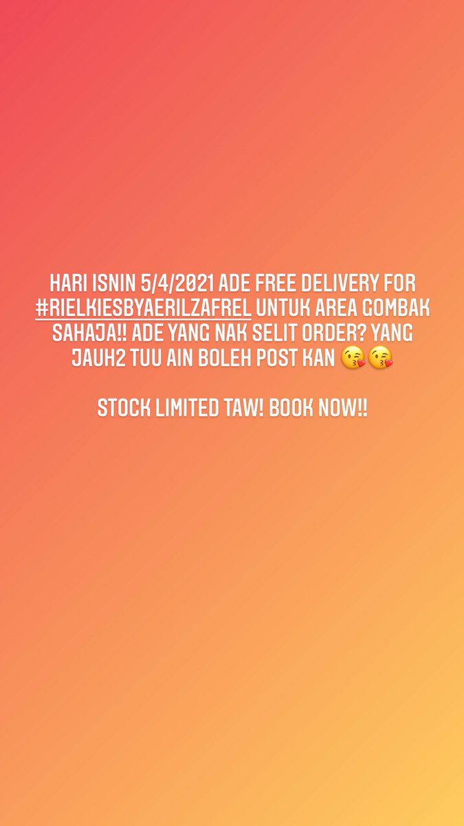 AinShafikha's tweet photo. Hari Isnin 5/4/2021 ADE FREE DELIVERY FOR #rielkies by @aerilzafrel AREA GOMBAK SAHAJA!! yang mana jauh2 tuu Ain boleh postage!! Order sekarang!! https://t.co/2PqgjiVyaB