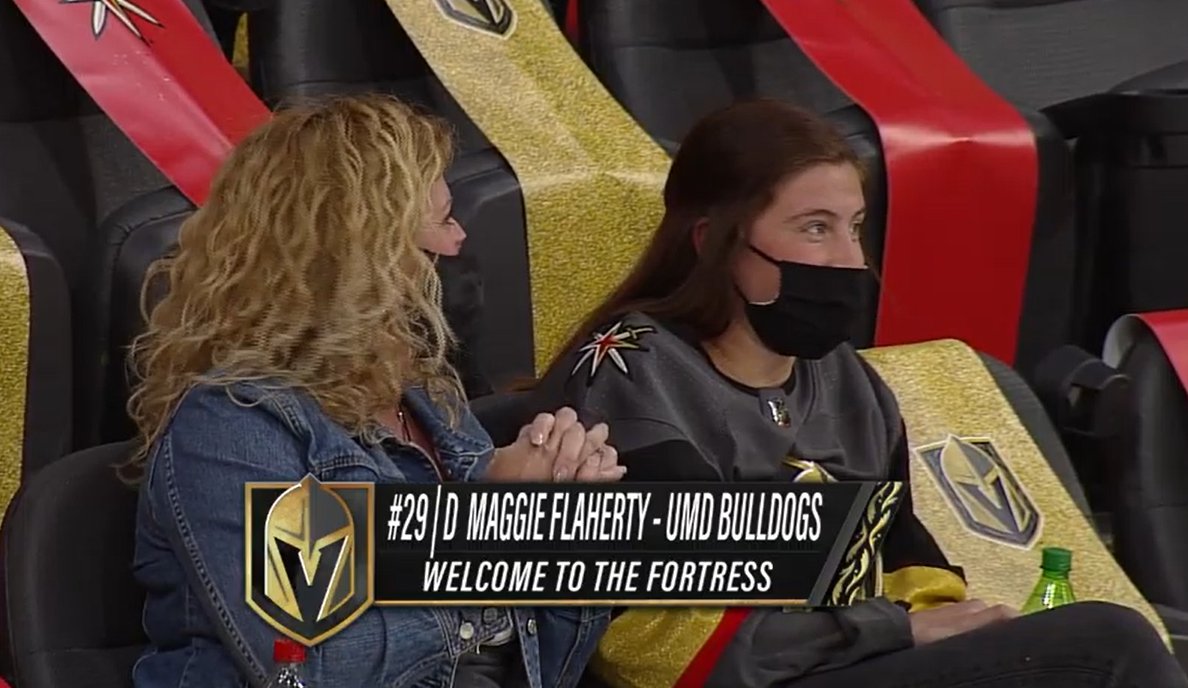 WillieGRamirez's tweet photo. The Golden Knights just welcomed Minnesota-Duluth Women's Hockey D @maggieflaherty9 to tonight's game.

Wearing Fleury's 29, Flaherty also wears 29 for the Bulldogs.

#VegasBorn https://t.co/JGCFmmlfbi