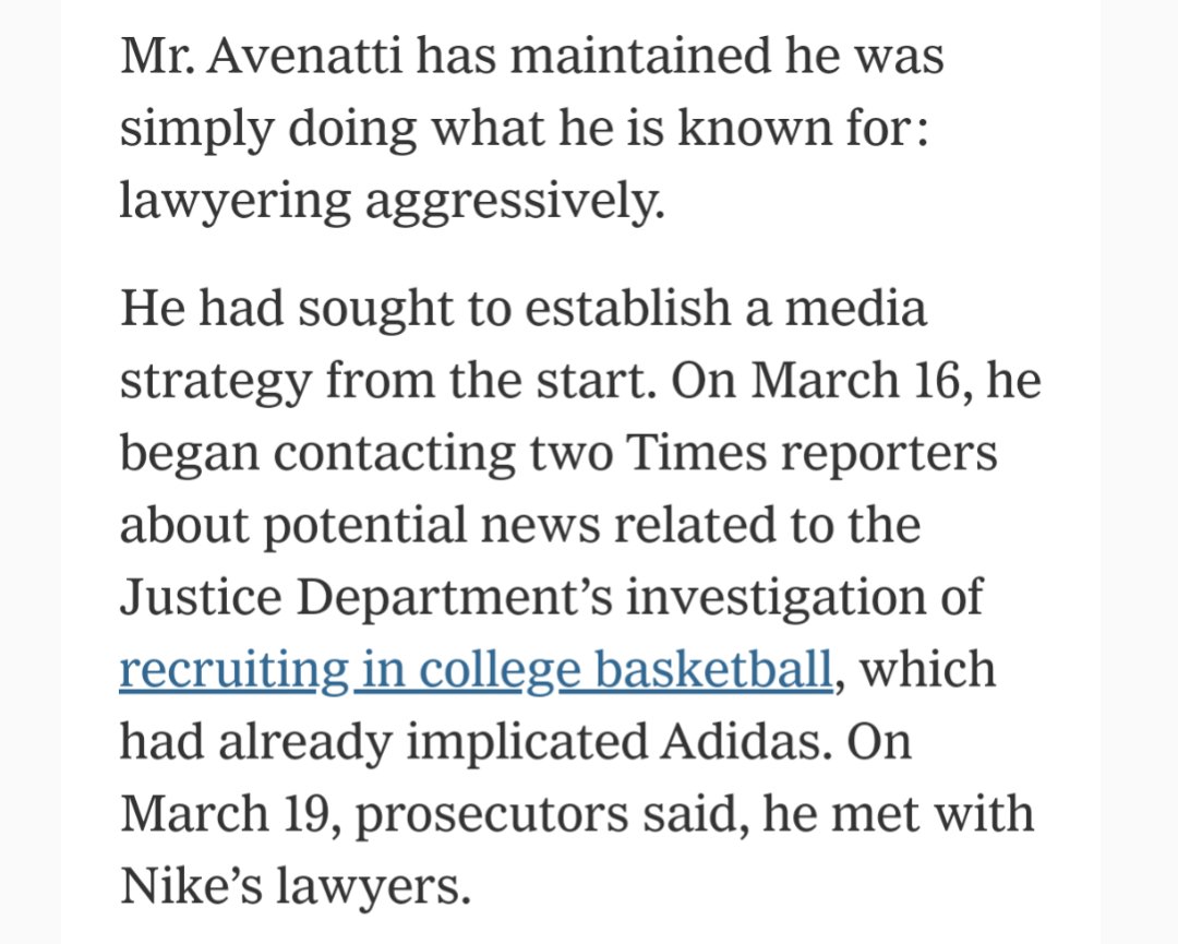 2/ Simple Question: Would anyone planning to extort Nike call 2 NYT reporters 3 days before his first meeting w/Nike & tell them he had news related to a DOJ investigation into recruiting in college basketball? Nike was desperate to discredit  @MichaelAvenatti & his evidence.