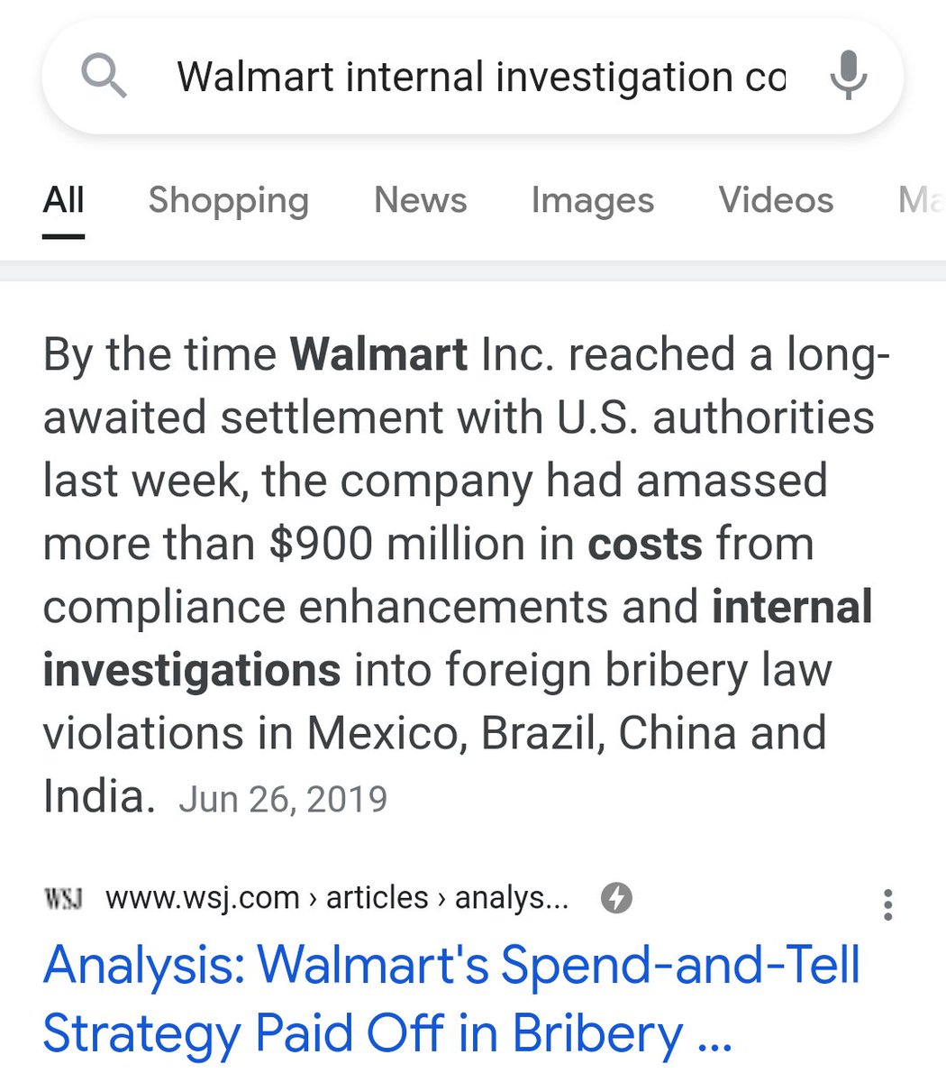 6/ Internal investigations of major corporations take years and often cost 100s of Millions of dollars, see example below. Comparing 2019 Global values, Walmart=$67B, Nike=$32B. Two high-profile attorneys could easily exceed $20M. Boies Schiller would not have done it for less.
