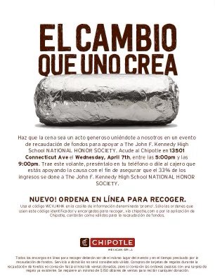 Join us at Chipotle on Wednesday, April 7 from 5:00pm to 9:00pm and support the JFK fundraiser! Show this flyer to the cashier to let them know your supporting the cause.