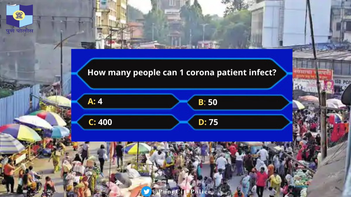 PuneCityPolice's tweet photo. Presenting 'Kaun Bachega Corona(se)' Quiz. Type your answer in the comments.

Hint: The answer is wilder than your wildest guess. 

Share the post with as many people as possible.

#Coronavirus #SocialDistancing #Covid19 #WearAMask #PrizeMoneyIsYourLife https://t.co/kMxVQuxQGe