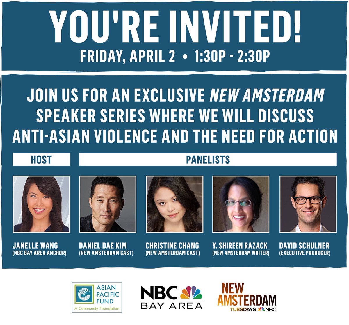 xtinechangsta's tweet photo. Please join us tomorrow, April 2nd at 1:30pm PT/4:30pm ET! Thank you @janellewang for hosting a #NewAmsterdam discussion with @YShireenWhyNot, @davidschulner, @danieldaekim and me. Register here: https://t.co/5qX4CwjYoH #StopAsianHate #StopAAPIHate https://t.co/O1oIdBweOE