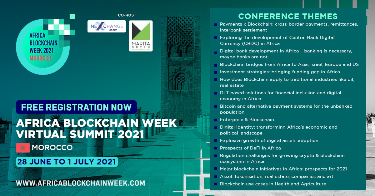 AfricaBCW_2021's tweet photo. 20+ Blockchain Hot Topics around African region in Africa Blockchain Week 2021! The event will take place from 28 June to 1 July. Let's join the Virtual Summit for FREE at https://t.co/8QZKZH9hZ3
For more info, visit https://t.co/ZXzVUxkTjc
#AfricaBlockchainWeek2021 #blockchain https://t.co/1HNSJpxPeh