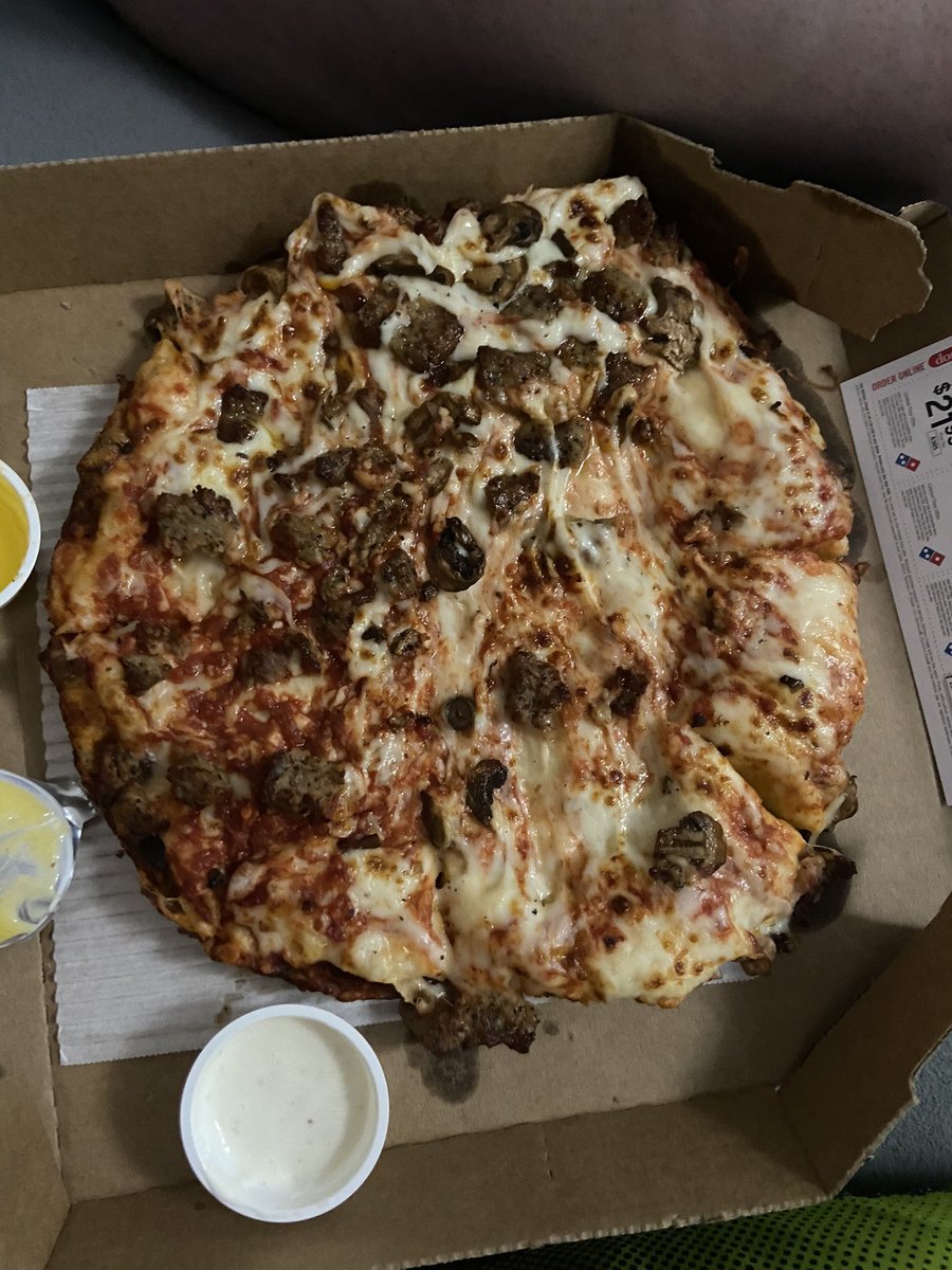 JMSarge's tweet photo. @dominos what even is this? Looks like it was stored on end and the dough is raw https://t.co/GJx6FUCLMO